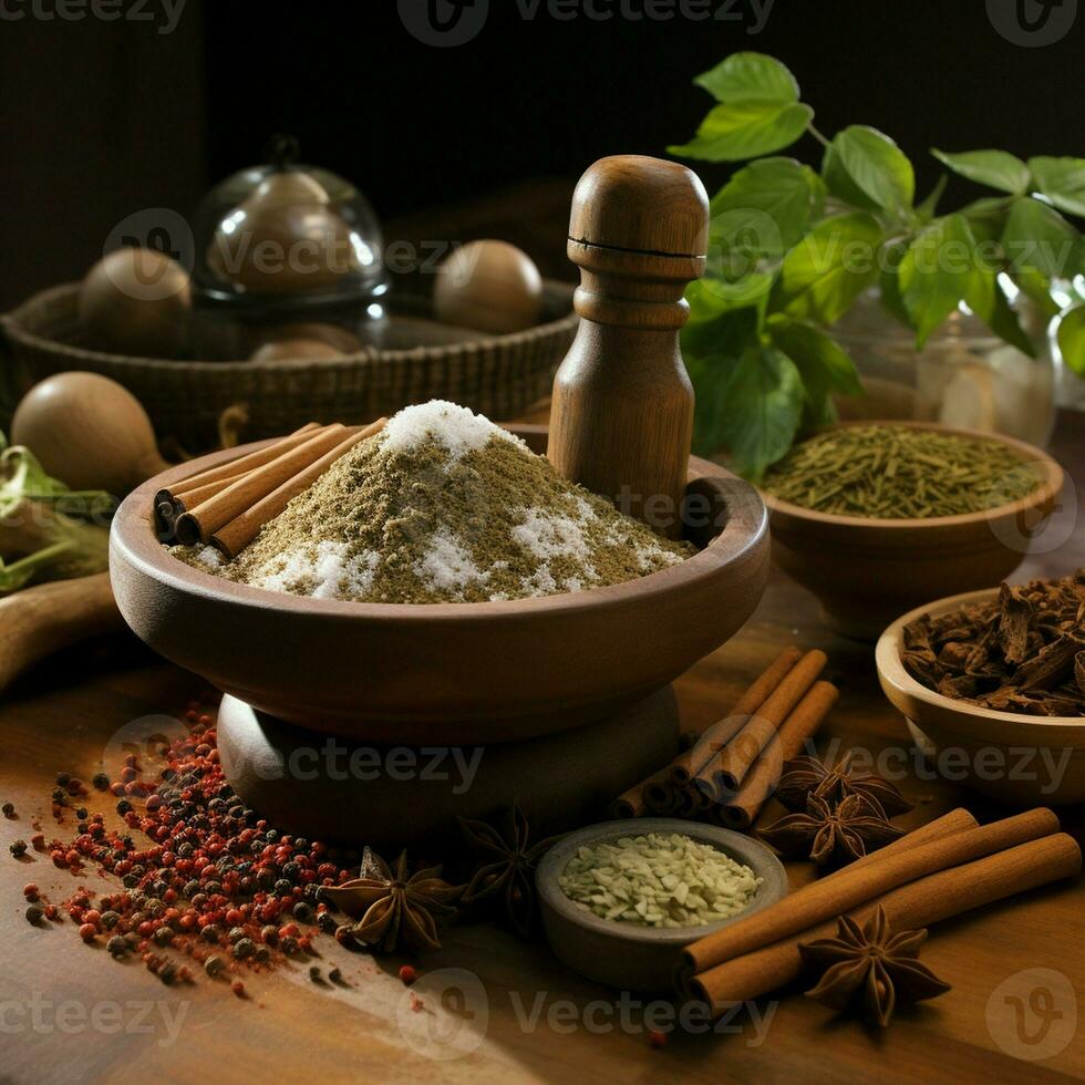 jord kryddor är traditionellt beredd använder sig av en murbruk och mortelstöt. detta producerar en bra pulver den där lägger till Färg och smak till maträtter i de kök. ai generativ foto