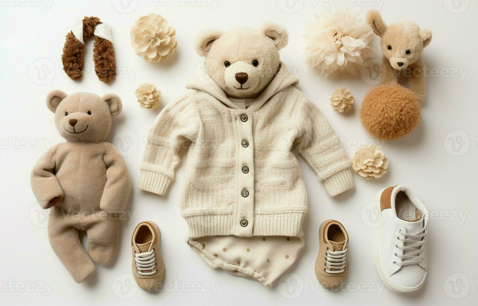 bebis mode Produkter i en platt lägga sammansättning. barns kläder, skor, leksak, och napp isolerat på en vit bakgrund med text Plats. litet barn miljövänlig Tillbehör. ai generativ foto