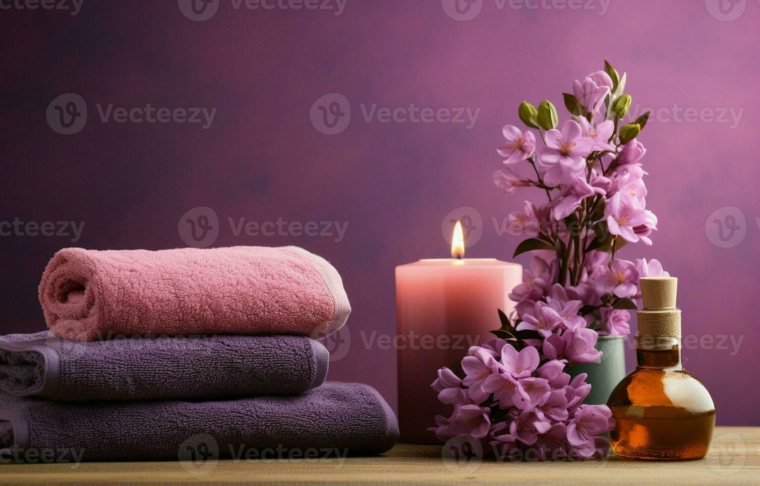 på en lila bakgrund, en rosa ljus, handduk med blommor, och en flaska uppsättning de scen för en spa erfarenhet. ai generativ foto