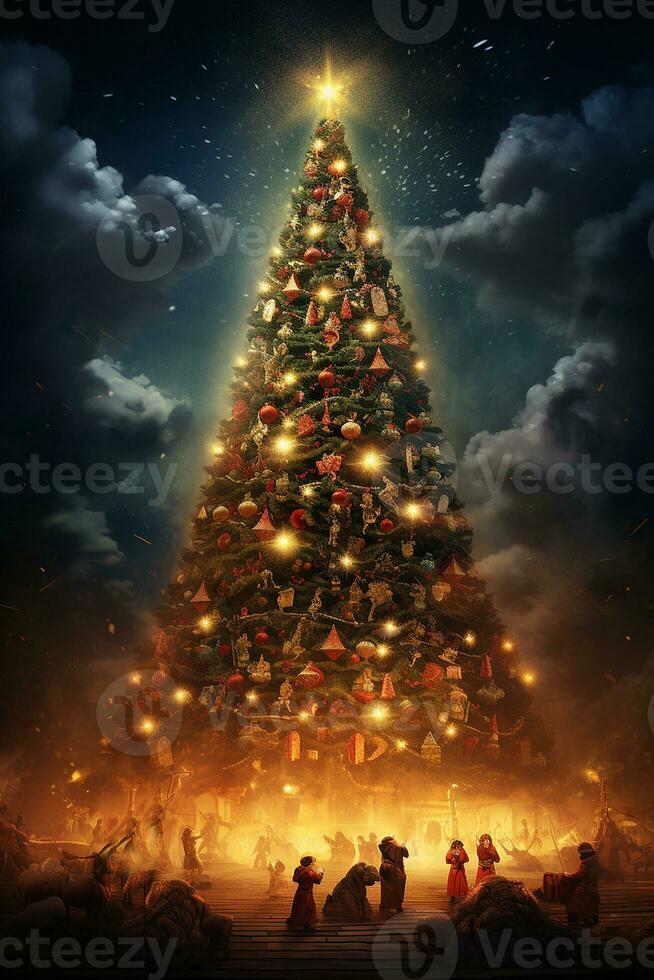 ai genererad bild av jul firande träd i modern och klassisk design i de gata och natur och interiör foto