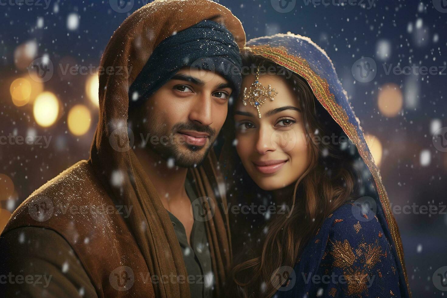 ai genererad porträtt av skön leende ung par man och kvinna stående under snöar foto