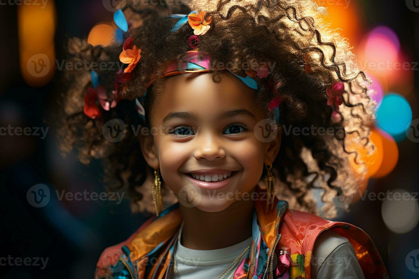 ai genererad studio porträtt av söt liten lockigt afrikansk flicka på annorlunda färger bakgrund foto