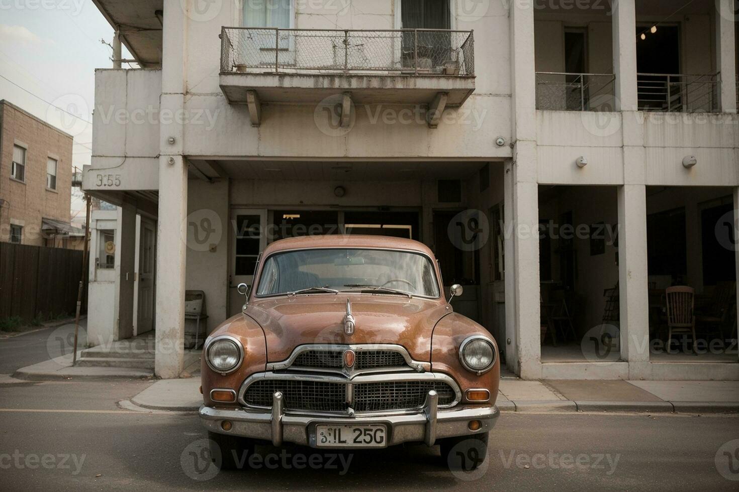 nostalgisk skönhet en årgång inspirerad fotografera av en retro bil och gammal byggnad. ai genererad. foto