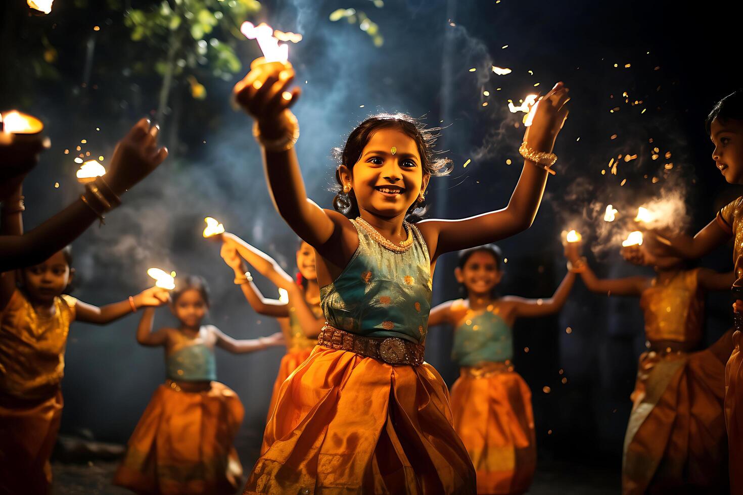 indisk diwali fira med diya belysning. familj, tjejer, barn Allt Lycklig ögonblick. ai generativ foto