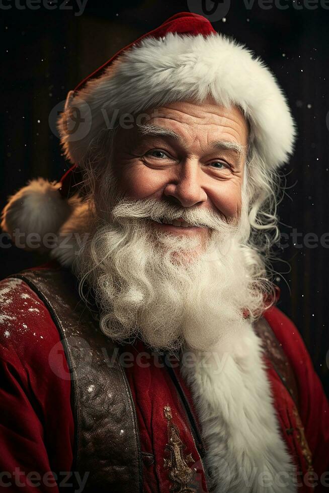 ai genererad porträtt av stilig leende man i santa claus bär foto