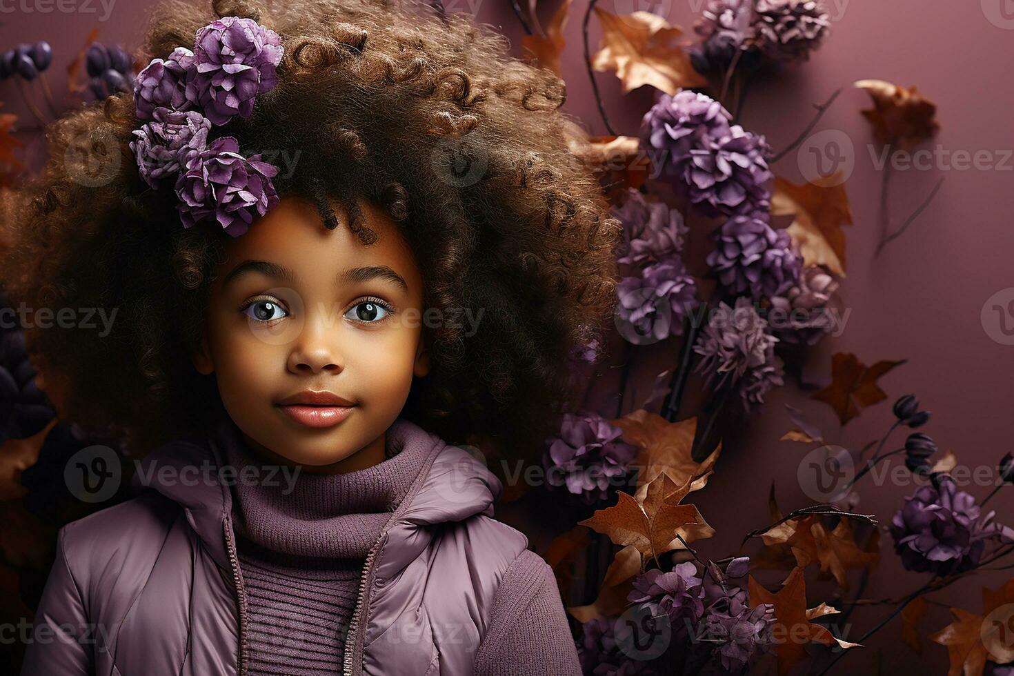 ai genererad studio porträtt av söt liten lockigt afrikansk flicka på annorlunda färger bakgrund foto
