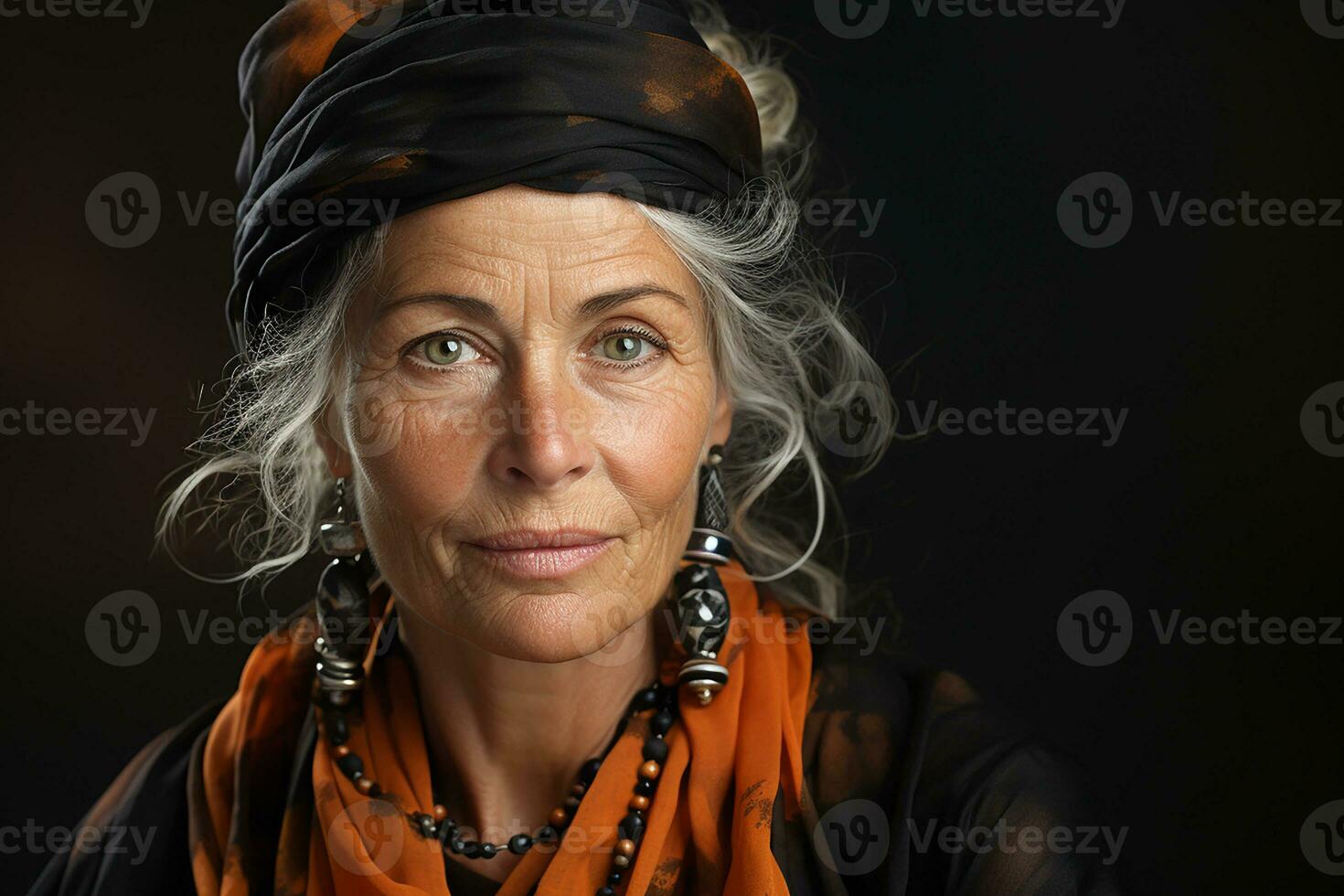 ai genererad studio porträtt av trendig gammal äldre kvinna på annorlunda Färg bakgrund i glasögon och hörlurar foto
