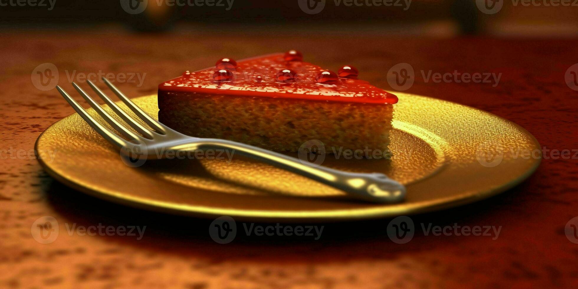 en utsökt skiva av röd kaka på en gyllene tallrik. generativ ai foto