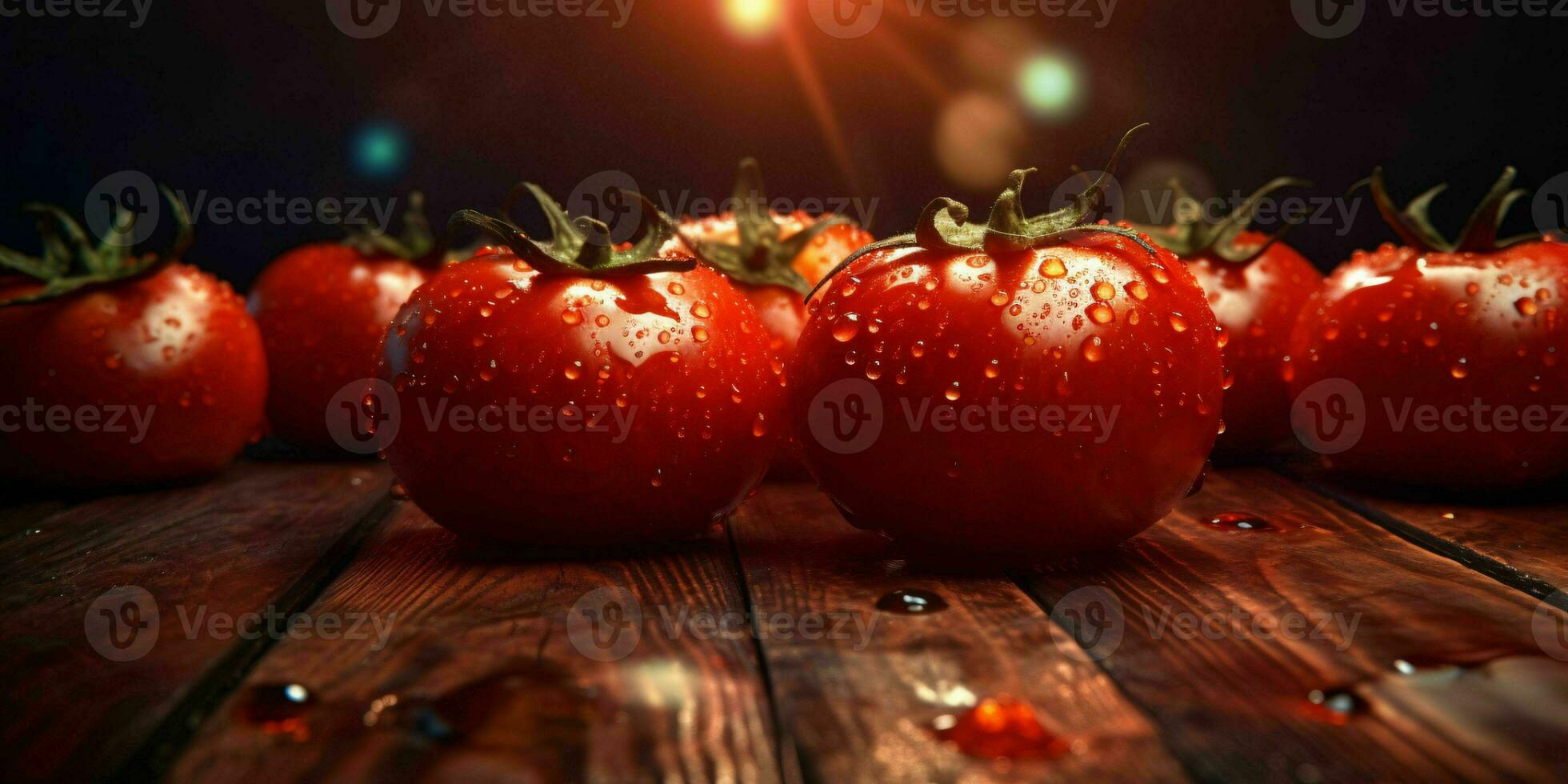 färsk röd tomater med vatten droppar på trä- tabell. generativ ai foto