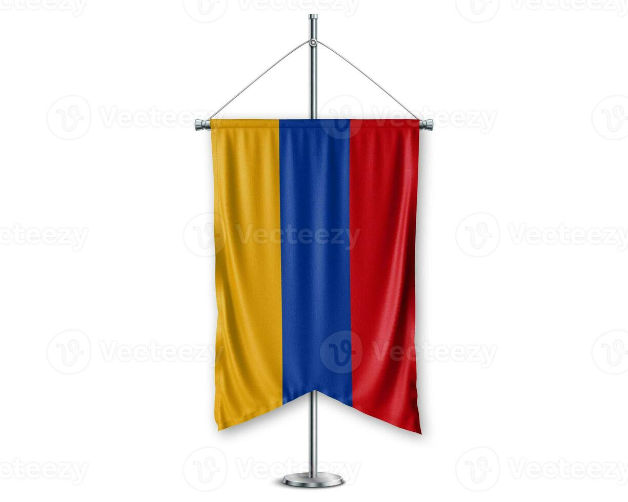 armenia upp vimplar 3d flaggor på Pol stå Stöd piedestal realistisk uppsättning och vit bakgrund. - bild foto