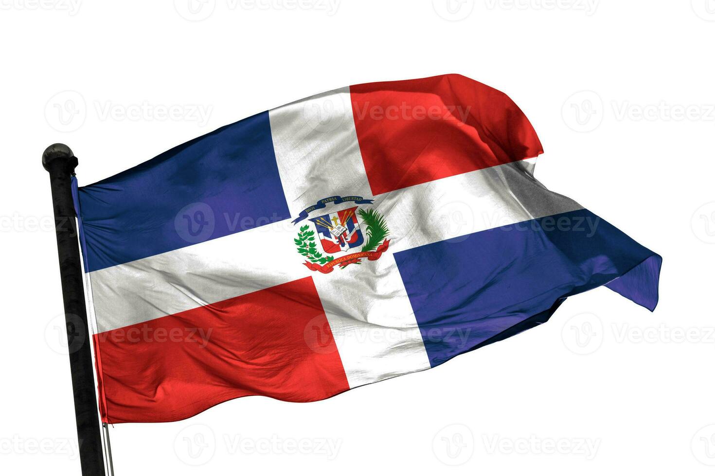 Dominikanska republiken flagga på en vit bakgrund. - bild. foto