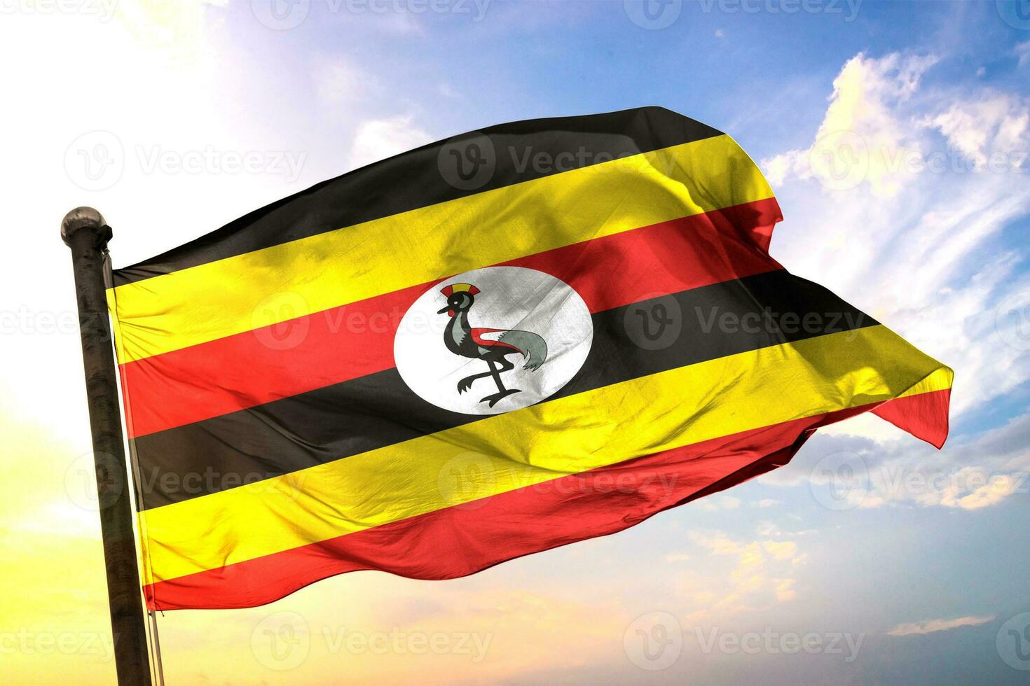 uganda. 3d tolkning flagga vinka isolerat himmel och moln bakgrund foto