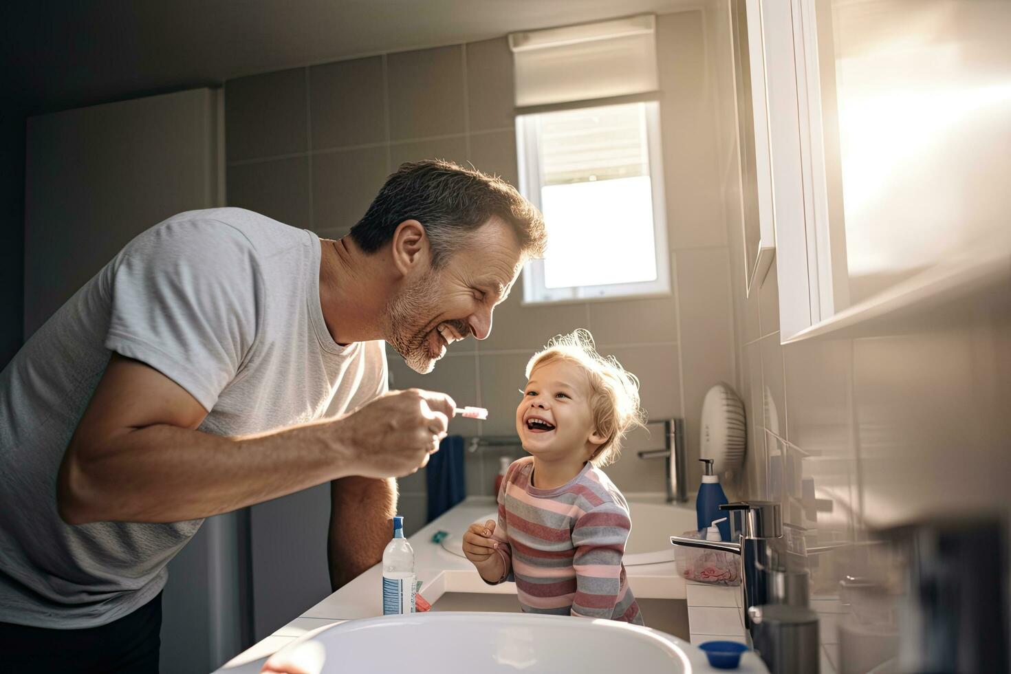 far och dotter pensling tänder i de badrum på Hem. Lycklig familj begrepp, barn pappa och pensling tänder i en familj Hem bad, ai genererad foto