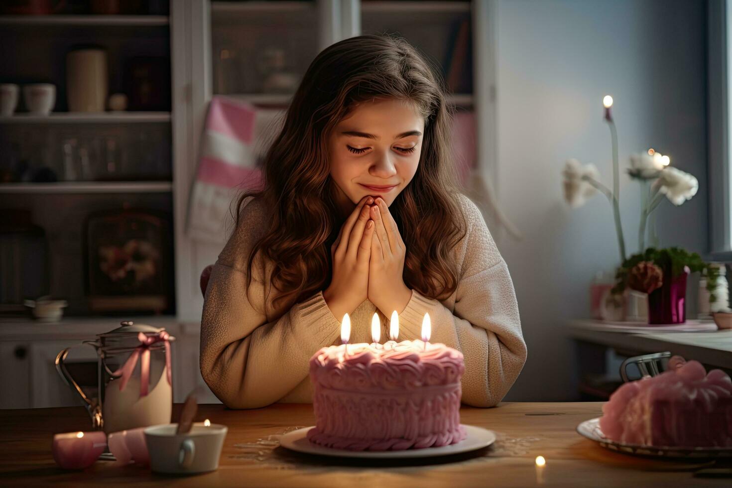 bön- flicka. söt mörkhårig flicka känsla ledsen medan ser på henne födelsedag kaka, flicka framställning hjärta gest och blåser ljus på kaka på Hem, ai genererad foto