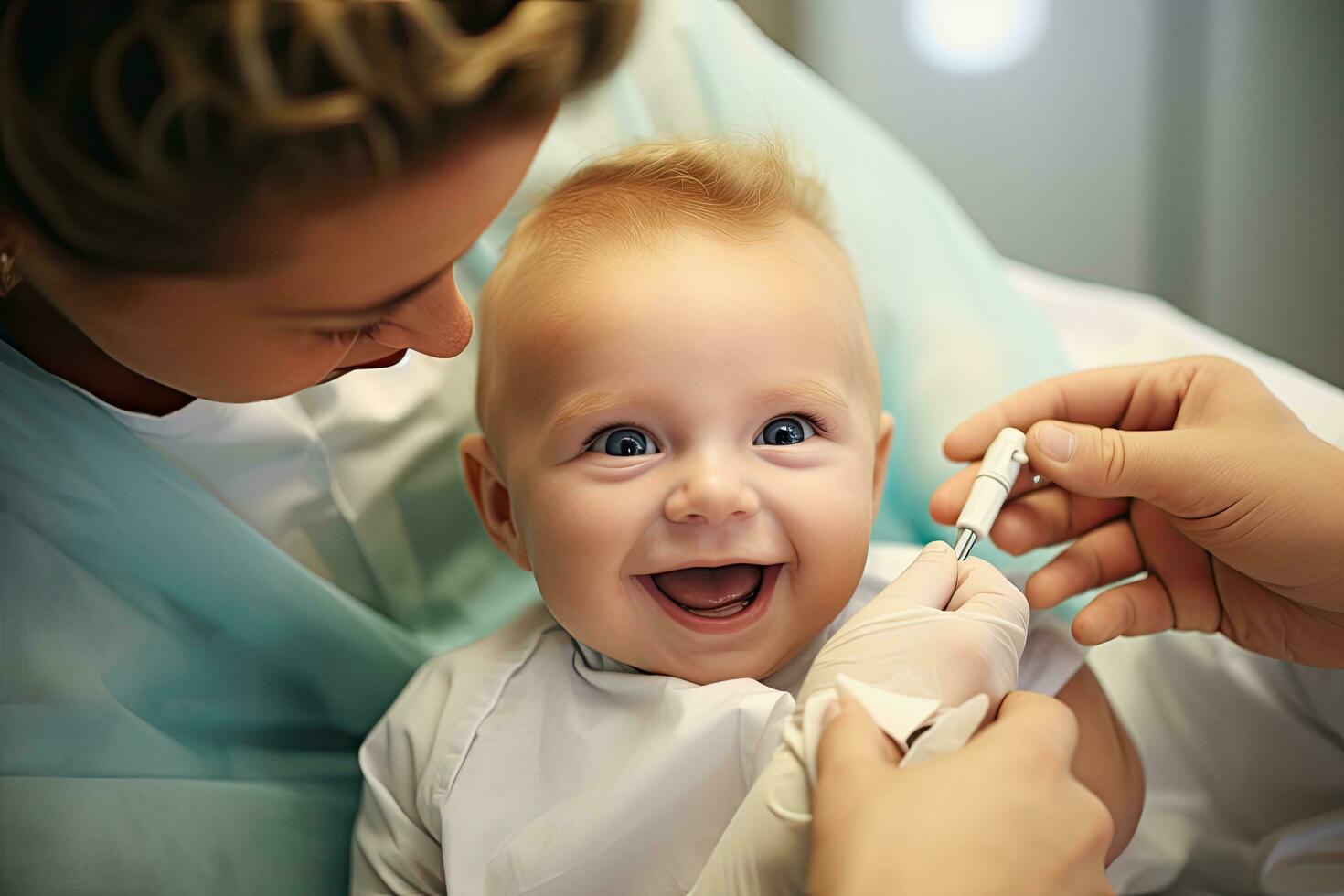 liten bebis pojke på de tandläkarens kontor. tandvård begrepp, närbild av bebis pojke har en medicinsk kolla upp, ai genererad foto