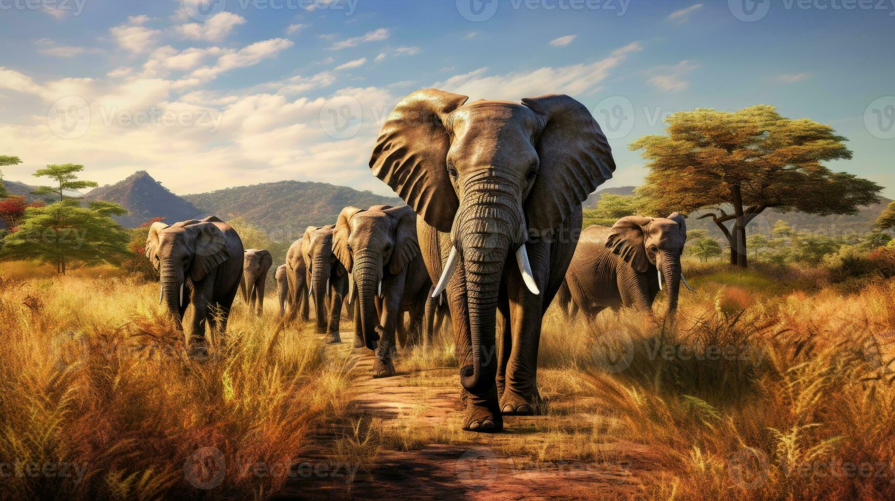fredlig elefant familj strövar omkring fritt i de omfattande savann landskap ai genererad foto