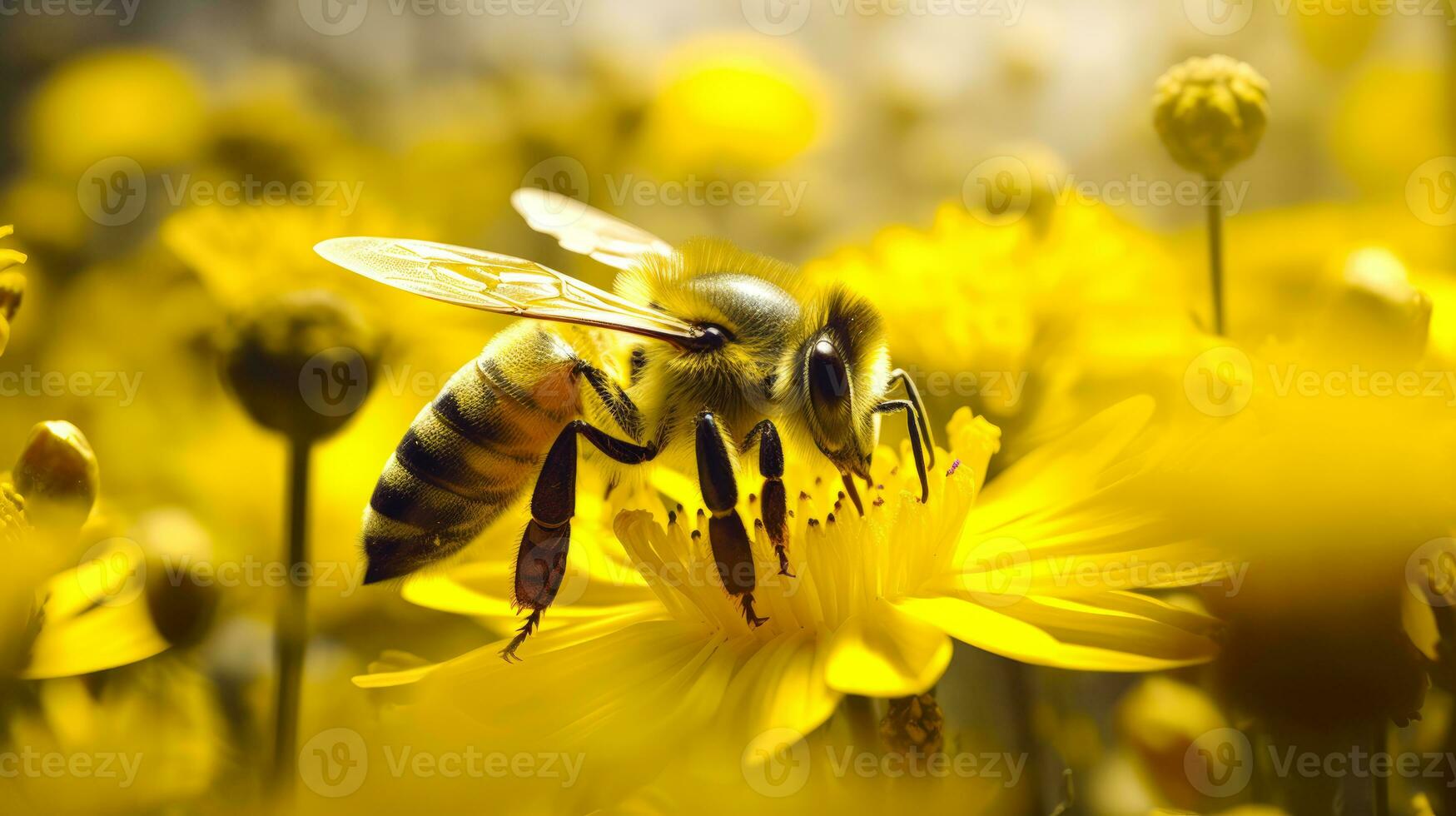 bi på en gul blomma en stänga upp bild av en pollinerande honungsbi ai genererad foto