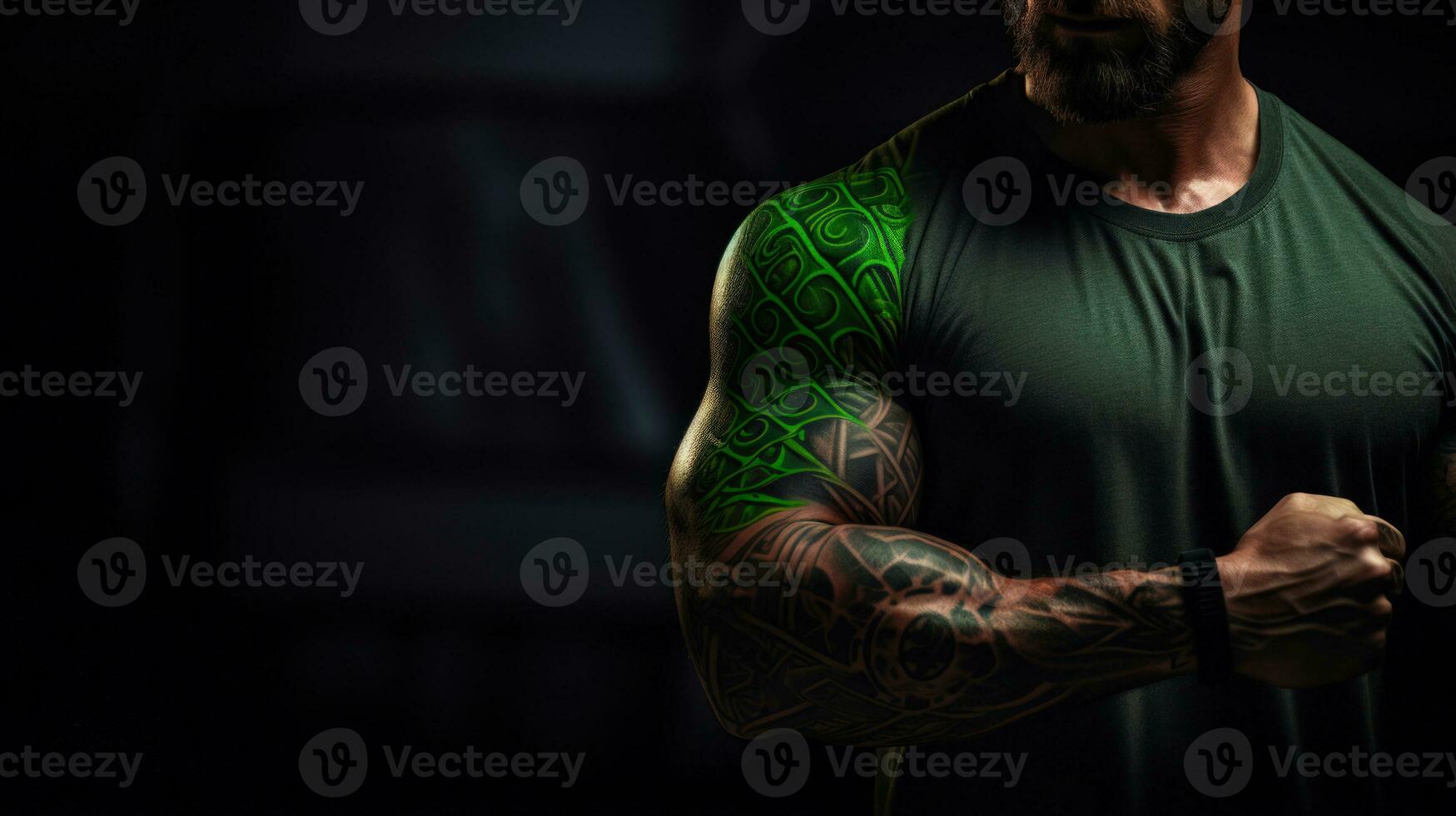 en slående tatuering med en sporter tema på en muskulös bicep ai genererad foto