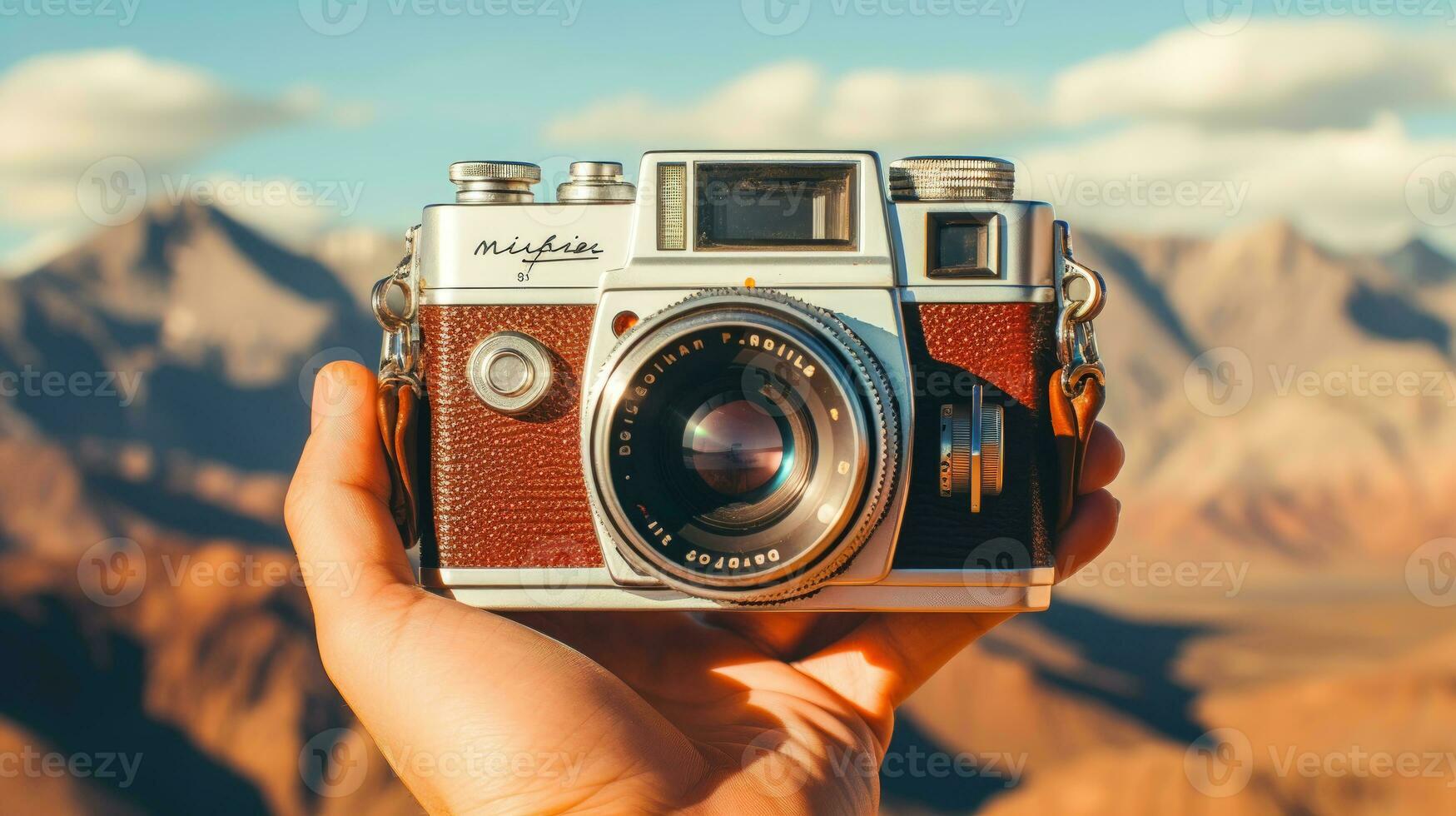 en årgång kamera entusiast med en kamera i de vild och en berg landskap i de bakgrund ai genererad foto
