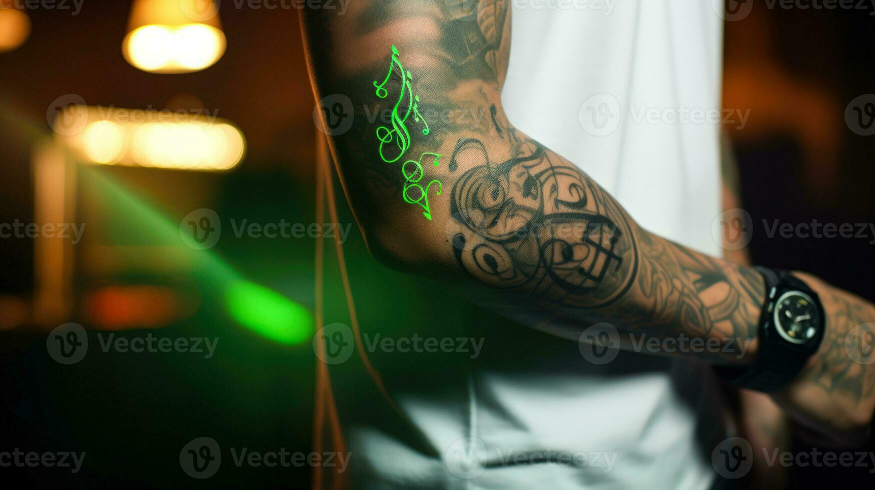 konstnärlig uttryck en musik tema tatuering på en underarm ai genererad foto