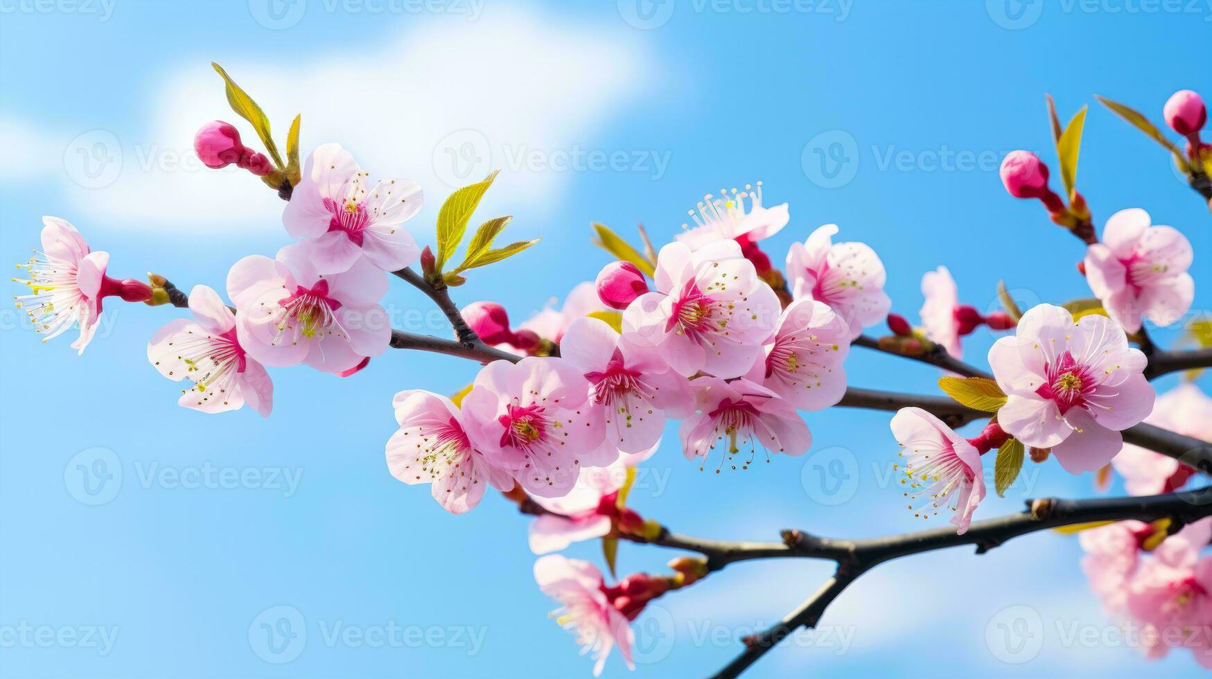 blomning körsbär gren med mandel och aprikos blommar en blommande plommon träd med mängd av Färg ai genererad foto