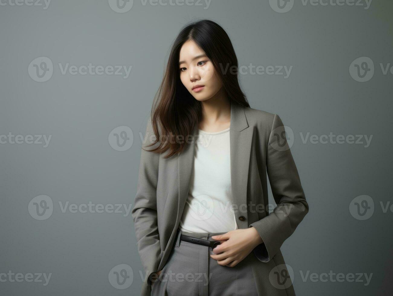 asiatisk kvinna visas till vara i smärta på grå bakgrund ai generativ foto