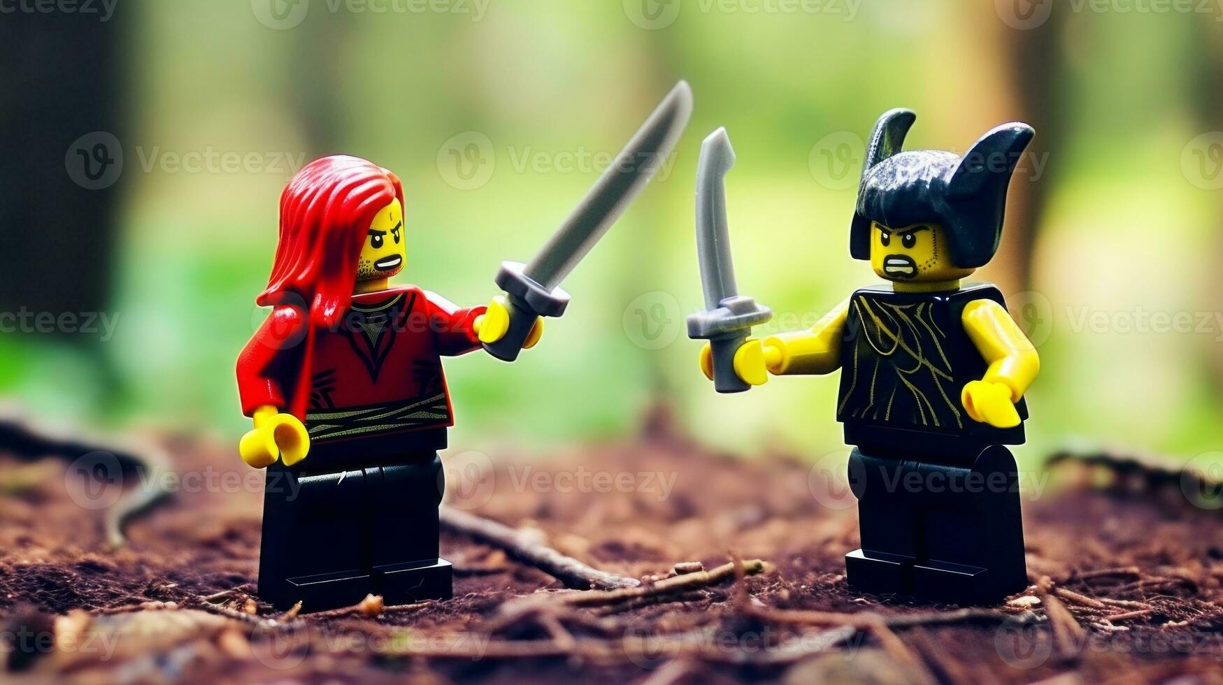 LEGO krigare slåss i en våldsam episk duell ai generativ foto