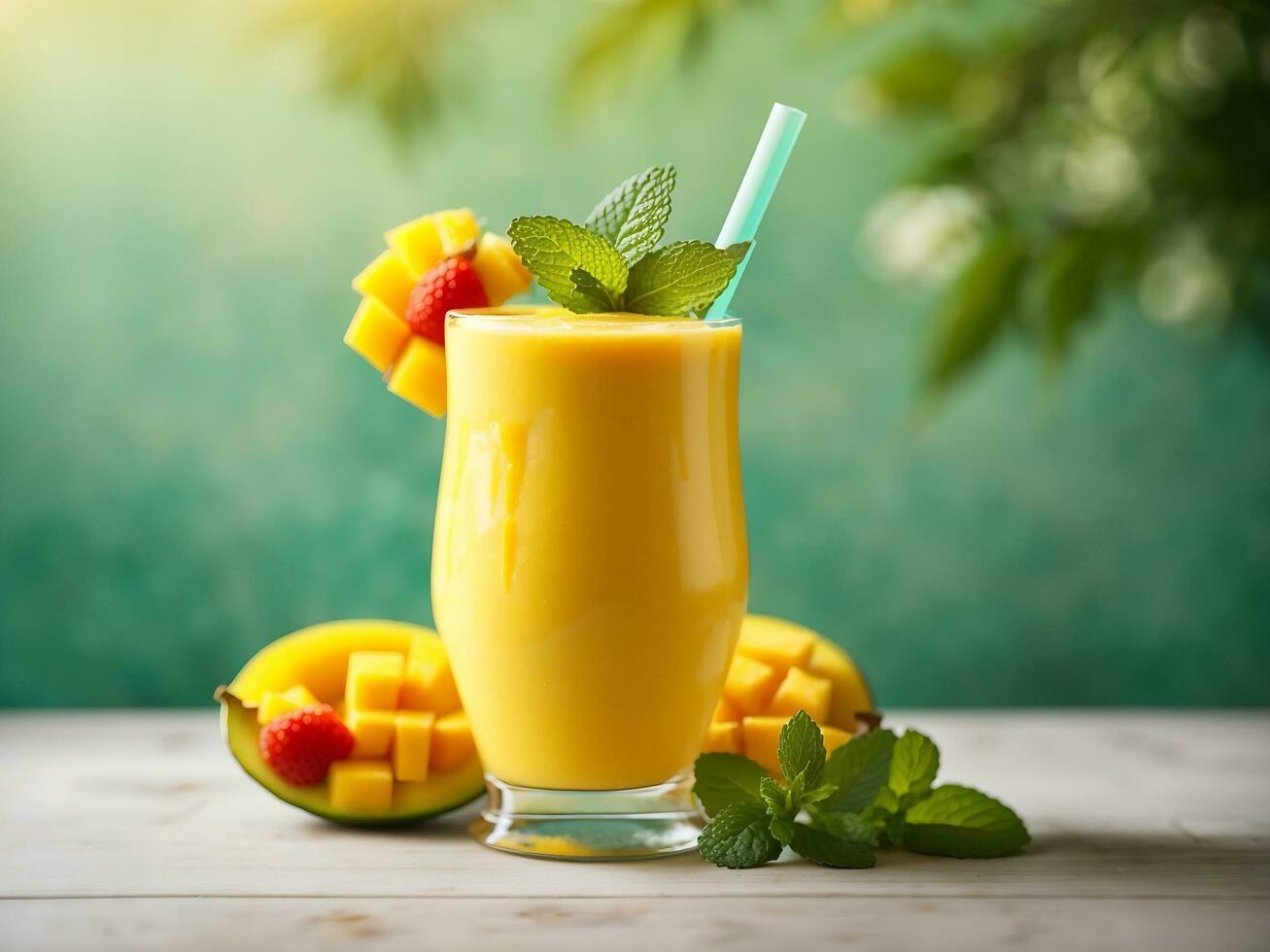 färsk gul mango smoothie i en glas med sugrör färsk frukt och mynta sommar tropisk dryck generativ ai foto