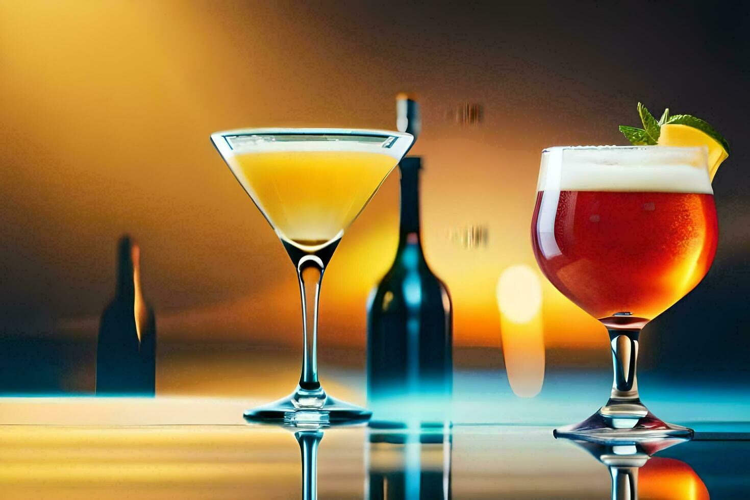 två glasögon av alkohol på en bar disken. ai-genererad foto