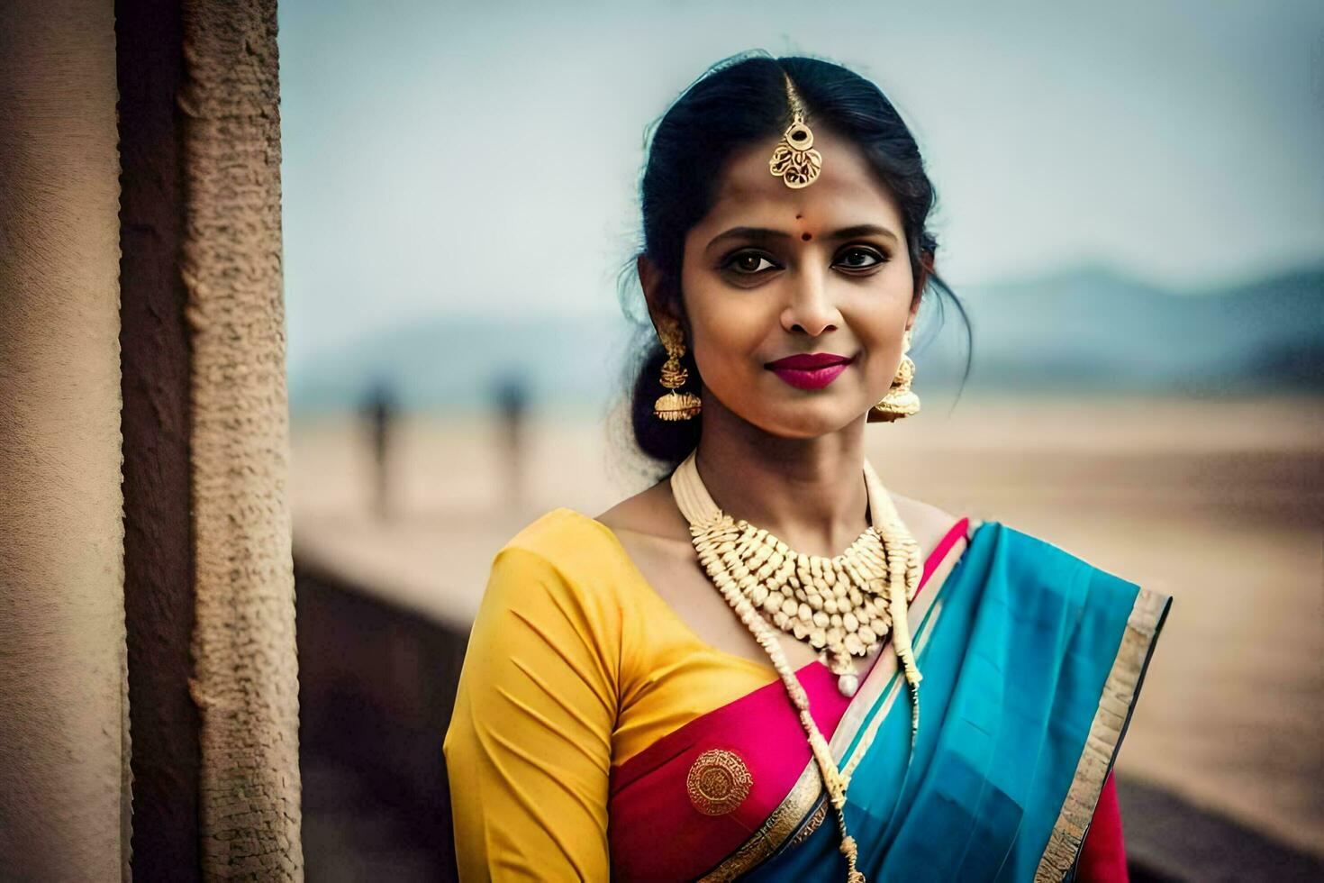 en kvinna i en färgrik sari poser för de kamera. ai-genererad foto