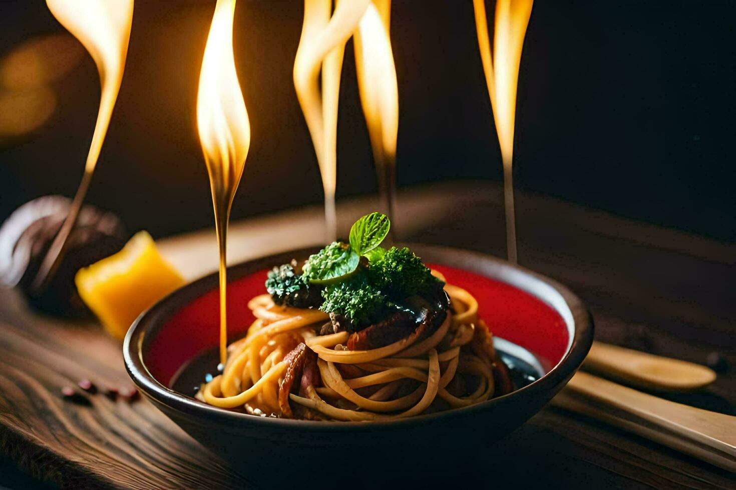 spaghetti med sås och grönsaker på en trä- tabell. ai-genererad foto