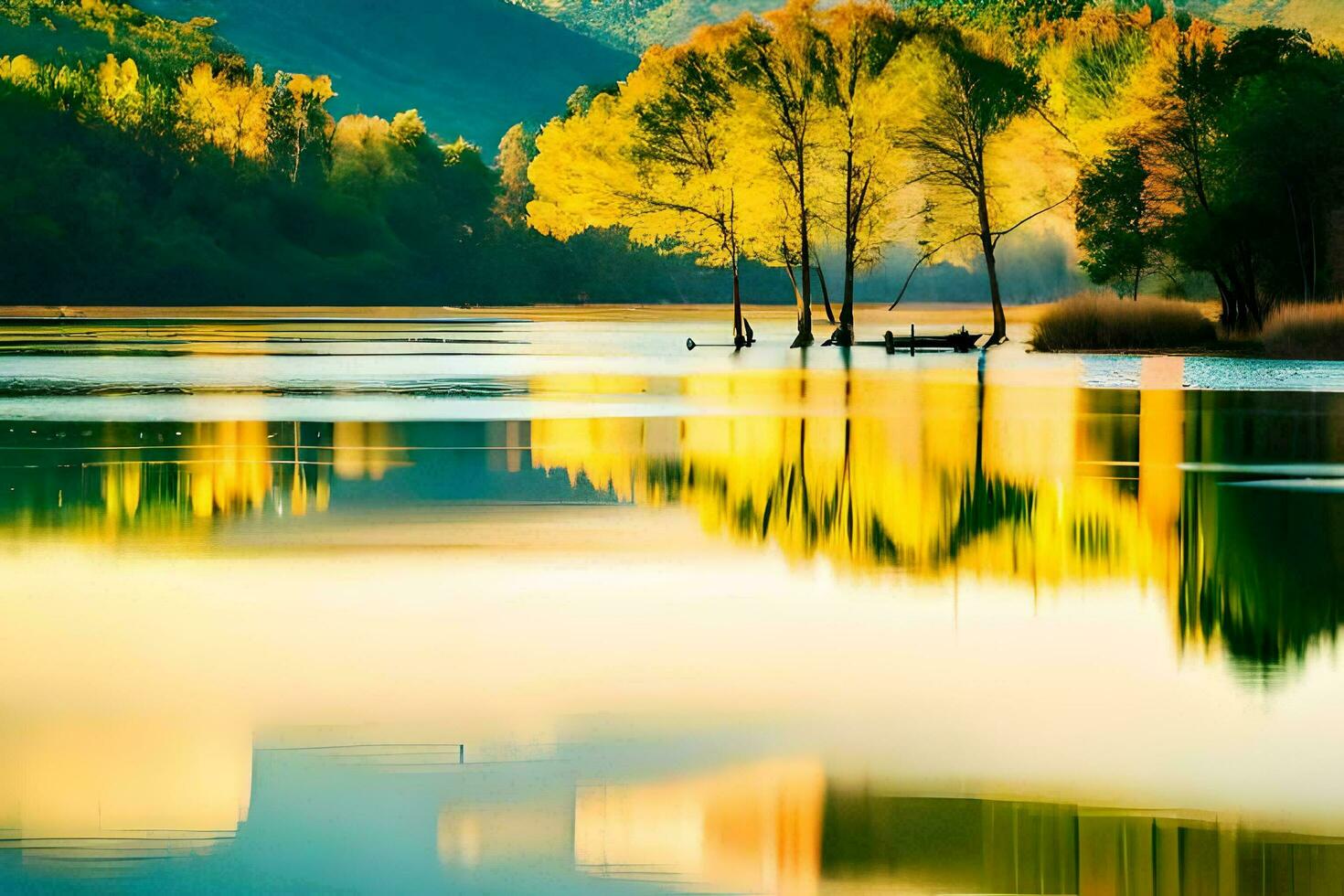 en sjö med träd och bergen i de bakgrund. ai-genererad foto