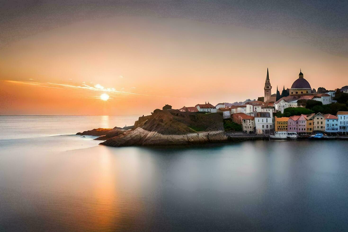 de Sol uppsättningar över en små stad på de kust. ai-genererad foto