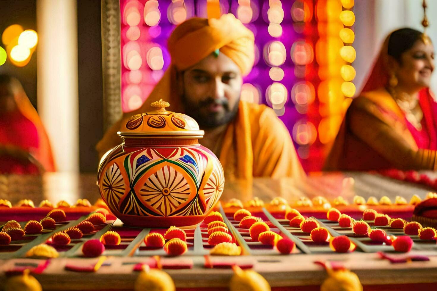 indisk bröllop ceremoni med en pott och en man i turban. ai-genererad foto