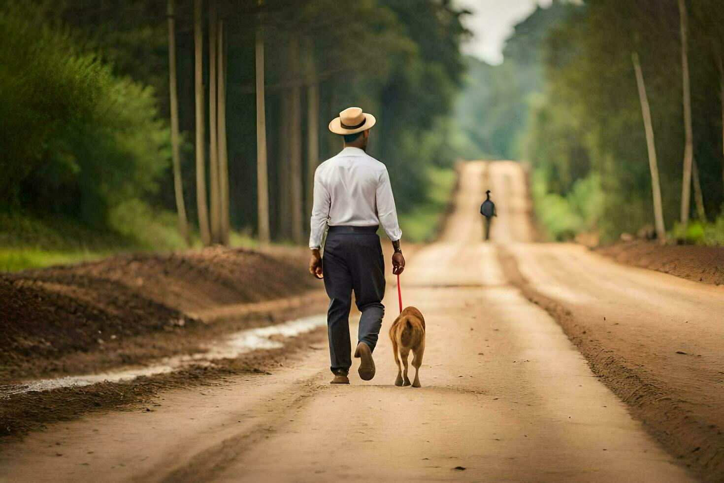 en man gående hans hund ner en smuts väg. ai-genererad foto