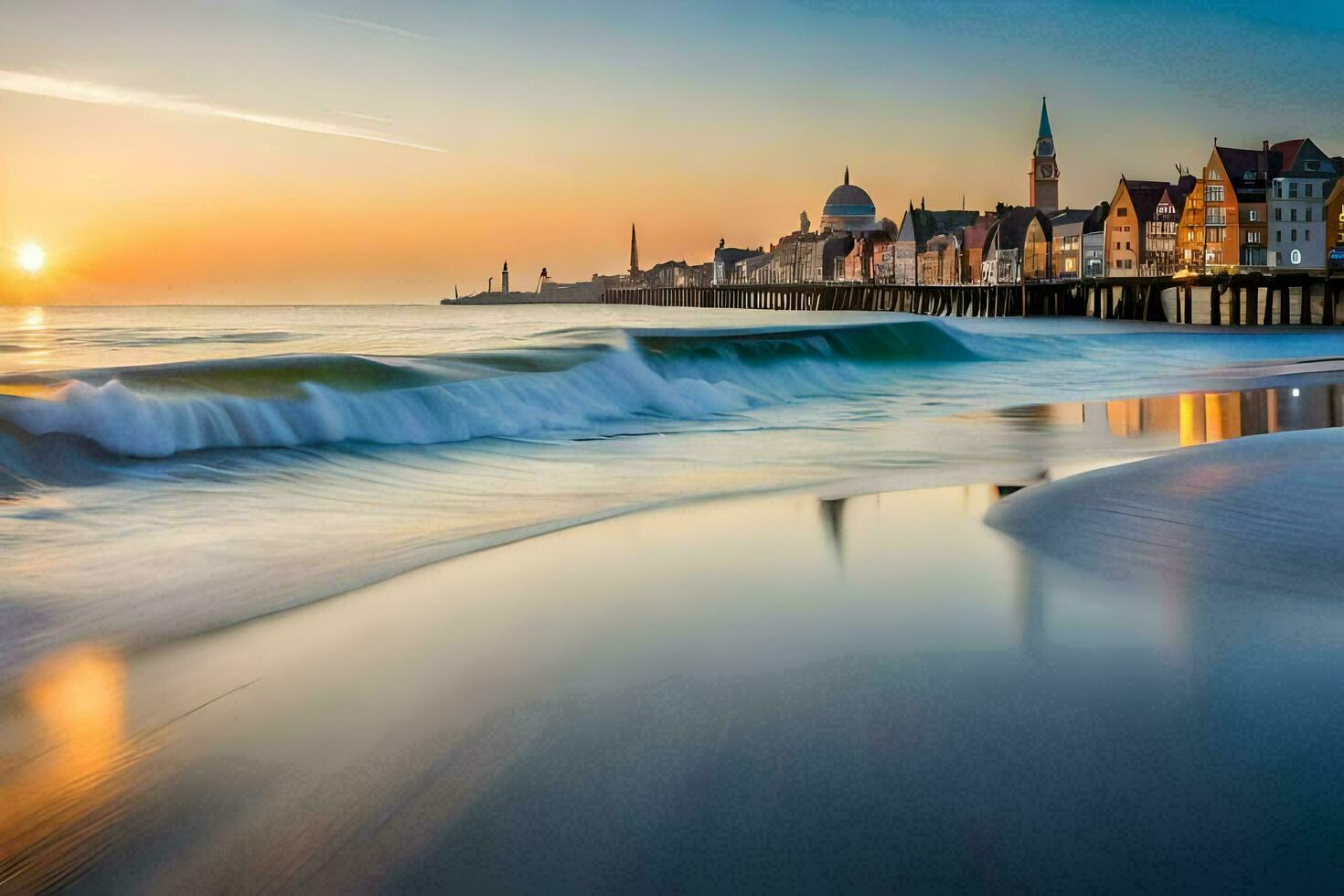 de Sol uppsättningar över en strand och pir. ai-genererad foto