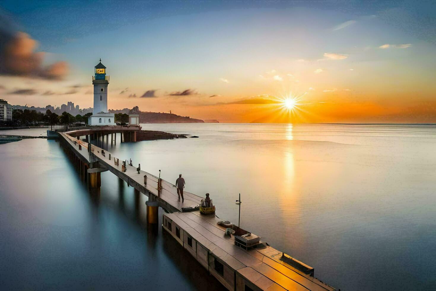 de Sol stiger över en fyr i de hav. ai-genererad foto