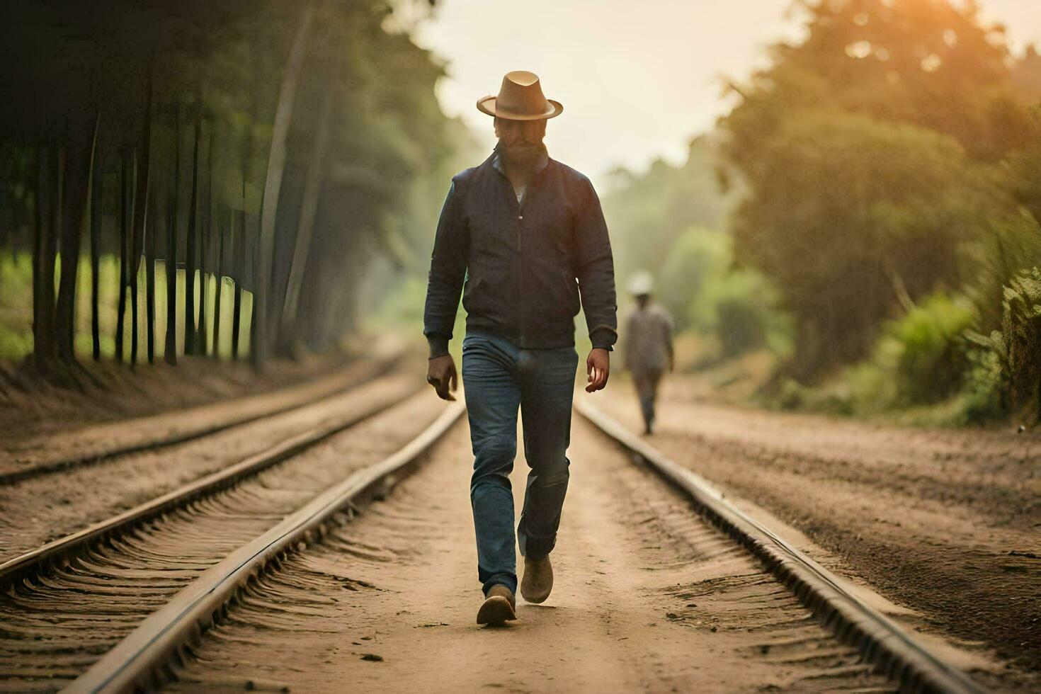 en man i en hatt promenader längs järnväg spår. ai-genererad foto