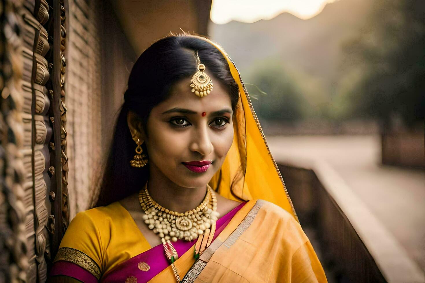 en skön indisk kvinna i en gul sari. ai-genererad foto