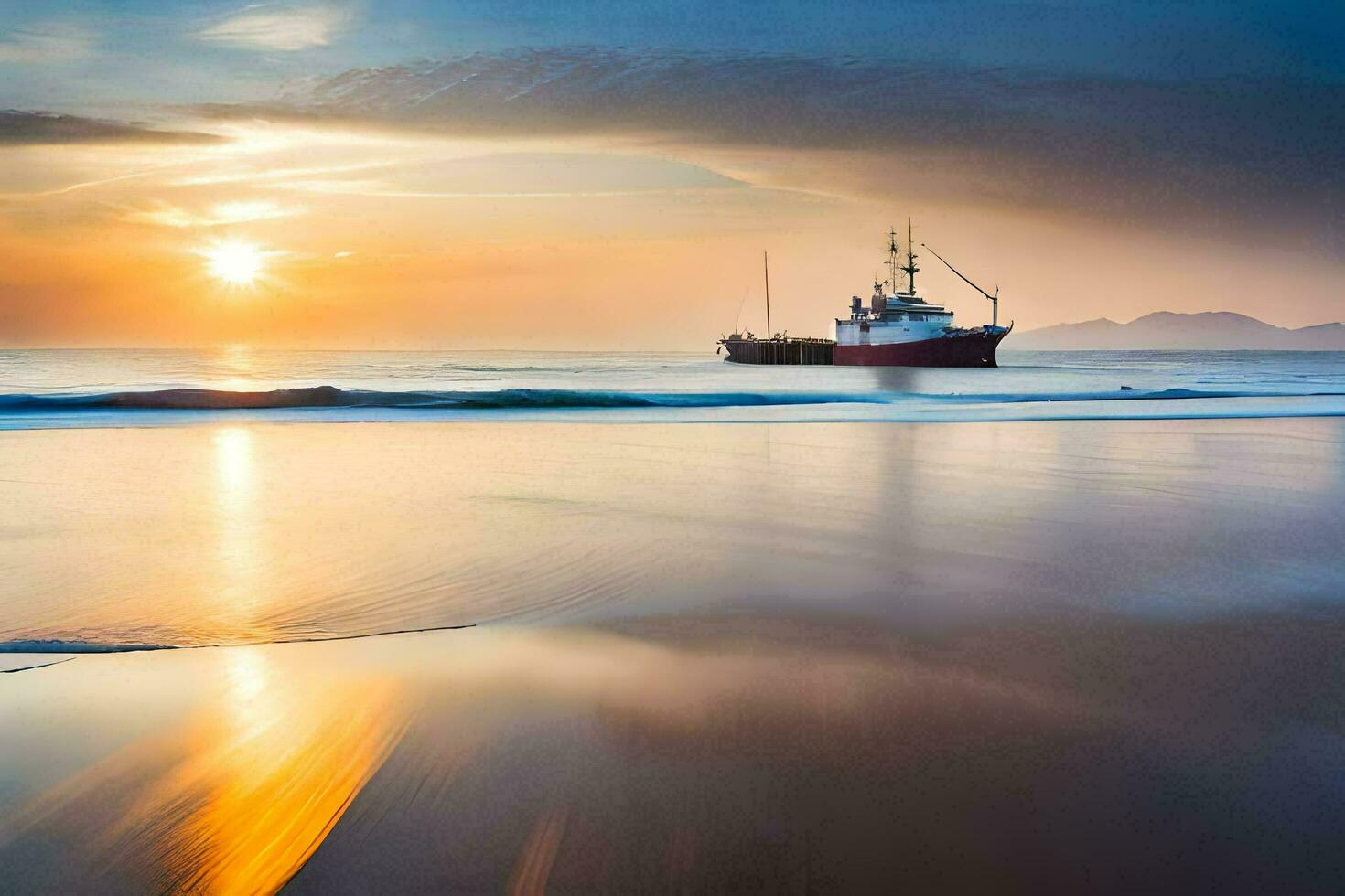 en fiske båt på de strand på solnedgång. ai-genererad foto