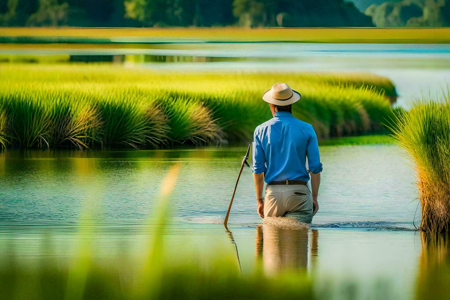 en man i en hatt är gående genom en kärr. ai-genererad foto