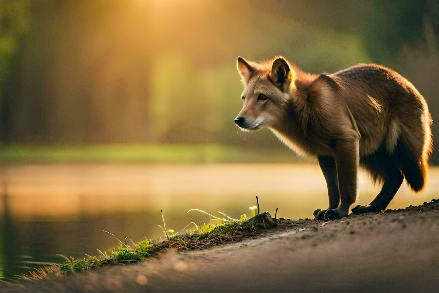 en räv står på de kant av en sjö på solnedgång. ai-genererad foto