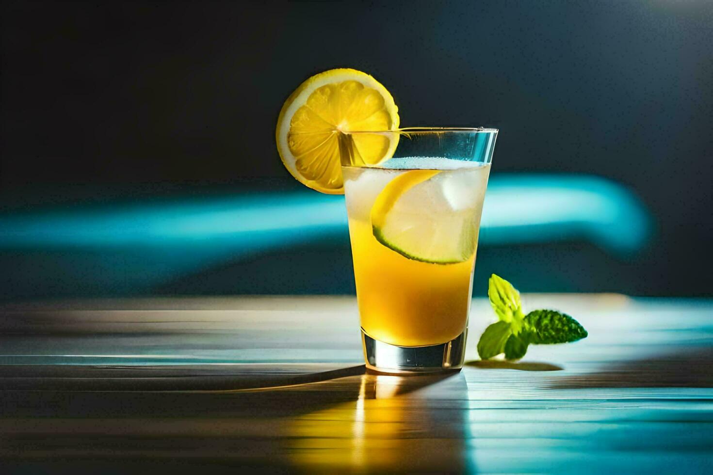 en glas av citronsaft med en skiva av citron. ai-genererad foto