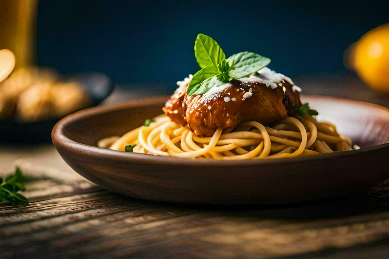 spaghetti med köttbullar i en skål. ai-genererad foto