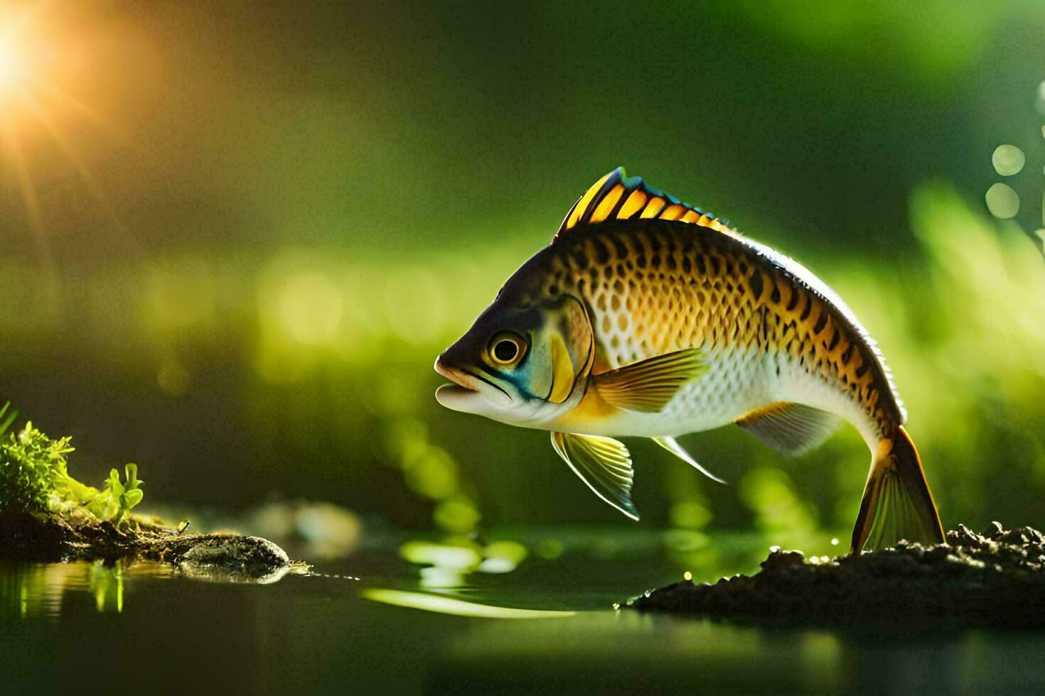 en fisk är stående på de vatten med gräs och solljus. ai-genererad foto