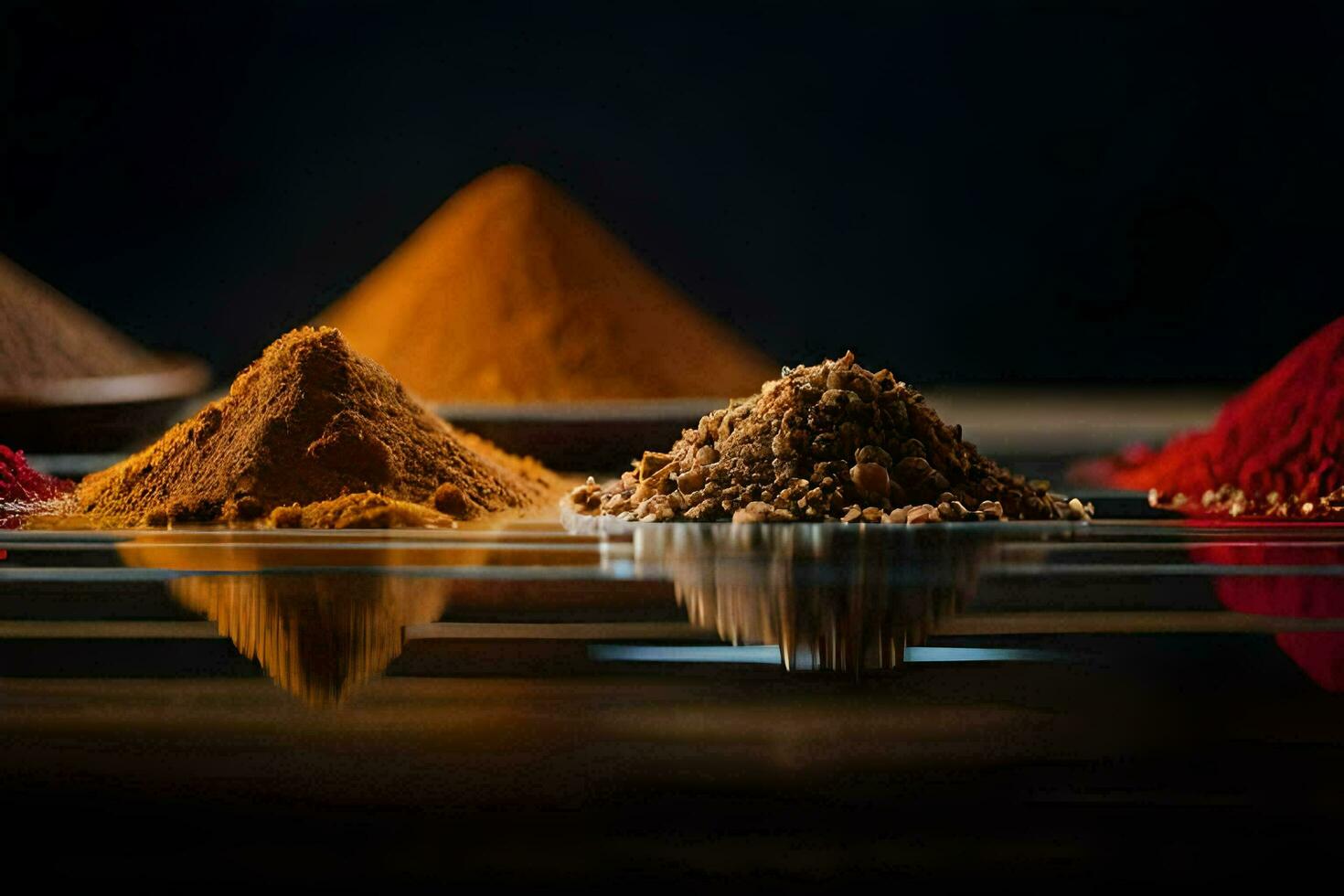 en mängd av kryddor är visad i en rad. ai-genererad foto