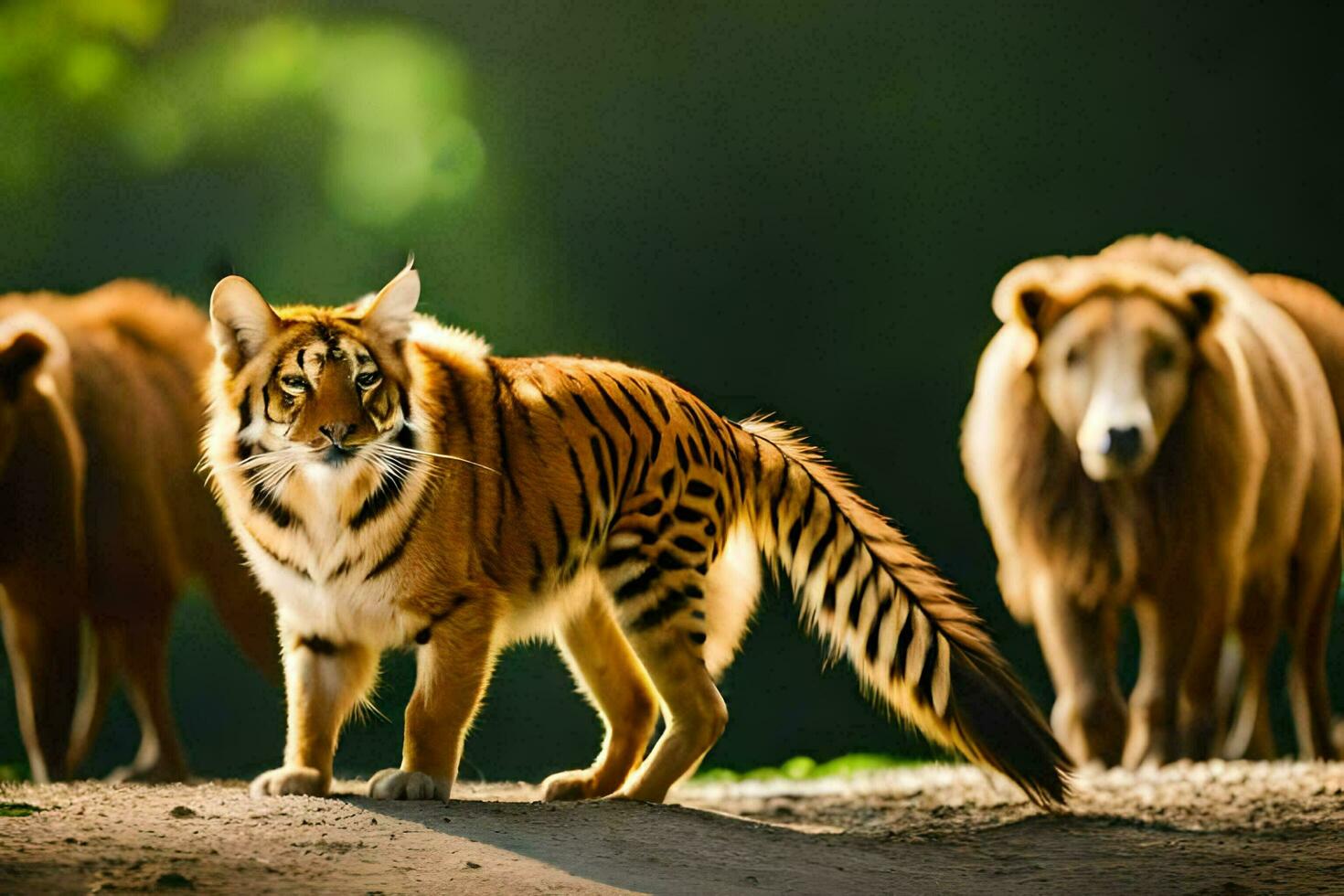 en tiger och två Övrig djur gående i de skogen. ai-genererad foto