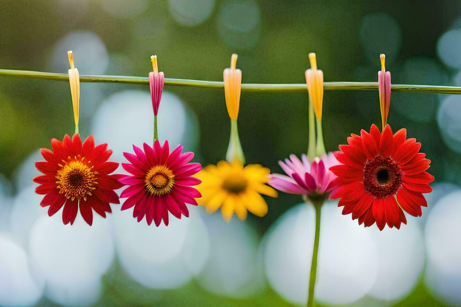 färgrik blommor hängande från en klädstreck. ai-genererad foto