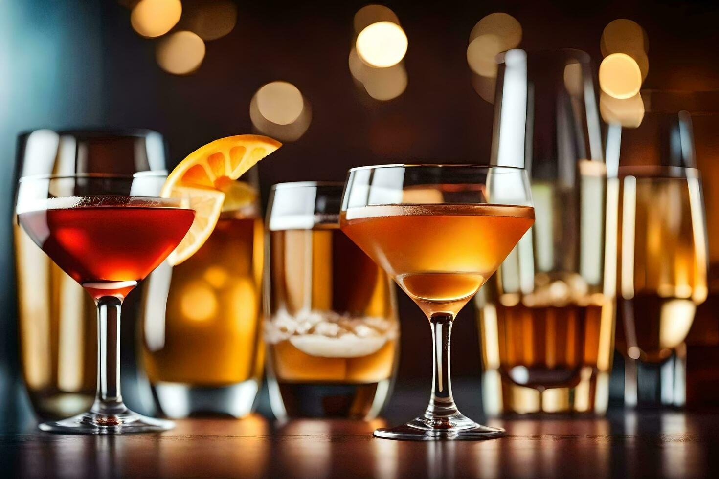 en grupp av annorlunda alkoholhaltig drycker på en tabell. ai-genererad foto