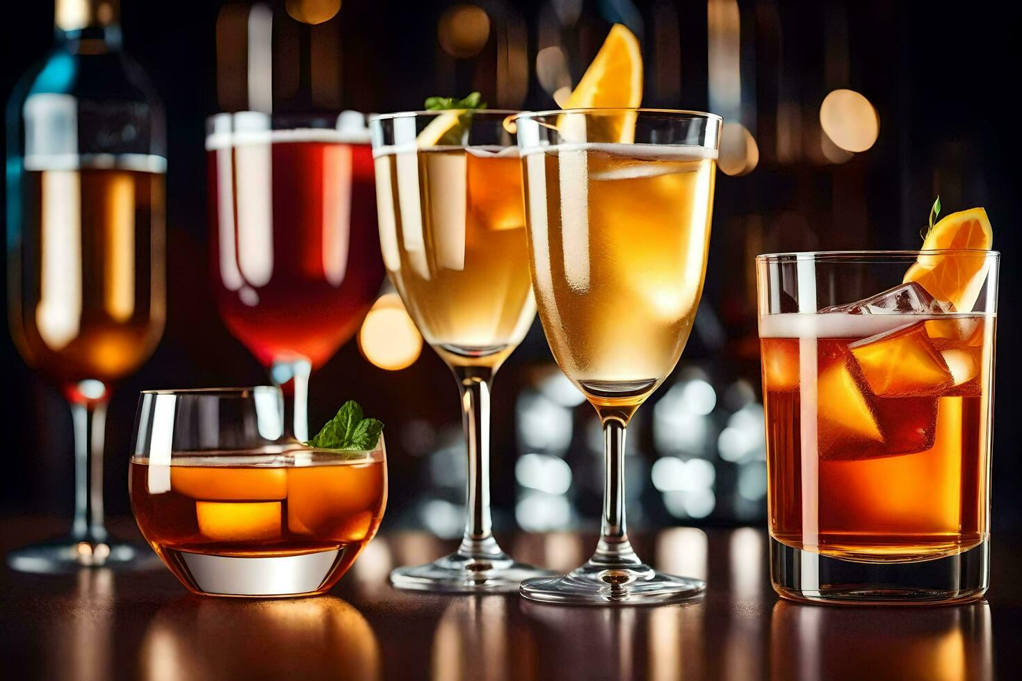 olika alkoholhaltig drycker i glasögon på en bar disken. ai-genererad foto